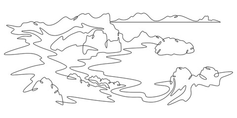 Continuous one line drawing church in the mountains. Temple against the backdrop of mountains. Rocks and hills.
One continuous line isolated minimal illustration.Not AI.