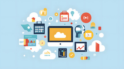 Cloud Computing and Technological Interplay: An illustration of cloud computing, showing the seamless integration of various technology elements, devices, and data through cloud connectivity.