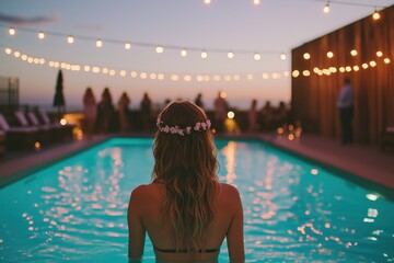 A chic rooftop pool party, with elegantly dressed guests sipping cocktails,