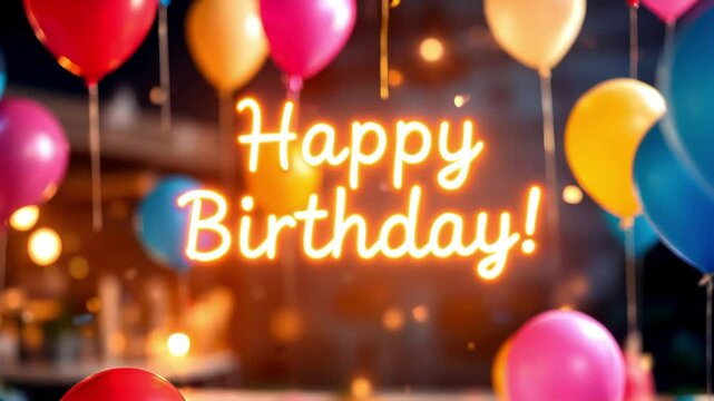 Happy Birthday Celebration with Colorful Balloons and Neon Sign
