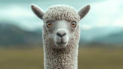 Obraz premium Close up Portrait of a Fluffy White Alpaca in a Scenic Landscape
