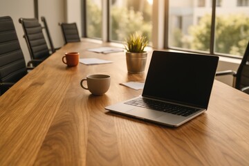 Modern Office Setting with Laptop, Coffee Cups and Natural Light