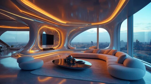Futuristic lounge with panoramic city view in modern highrise setting at sunset
