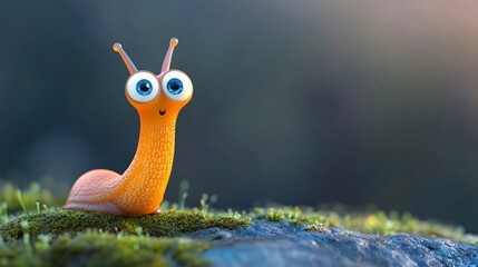 Fototapeta premium Adorable Cartoon Snail on Mossy Rock Cute 3D Render Nature Scene