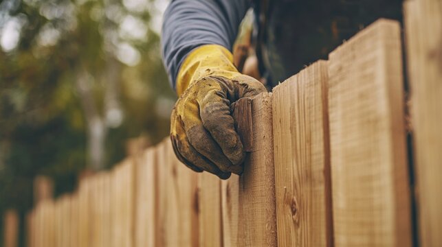 Carpenter constructing wooden fence. Featuring carpentry and outdoor projects