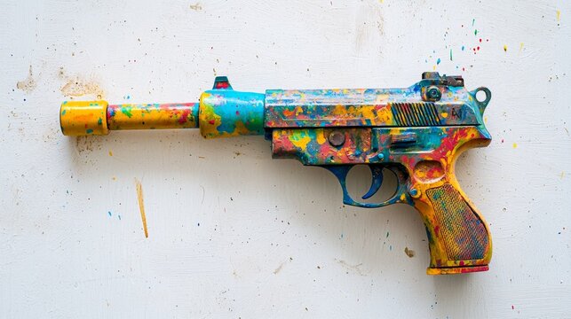 Colorful artistic representation of a handgun on a white background showcasing creativity and expression
