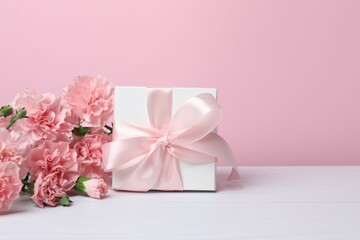 Beautiful bouquet of pink carnations with gift box on a color background
