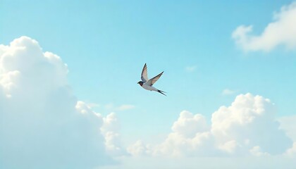 Fototapeta premium Serene Flight: A Bird Soaring Through Fluffy Clouds