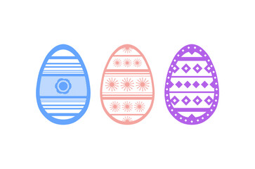 Easter eggs set doodle style. Happy easter hand drawn isolated on white background. Three eggs. Blue, light pink and violet colors. Ornamental eggs.