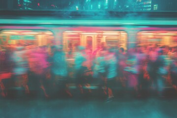 A crowded subway train, with commuters blurred by the speed