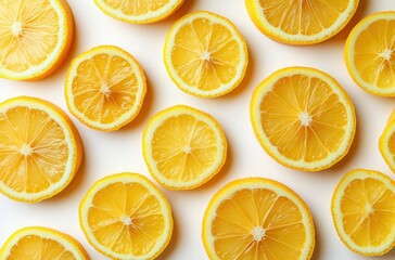 Fresh Yellow Lemon Slices Arranged Beautifully on a Light Background Perfect for Food Photography or Citrus-Themed Designs and Recipes