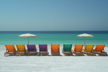 Colorful Empty Beach Chairs on White Sand with Ocean View Under Clear Blue Sky