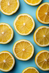Fototapeta premium Freshly Cut Lemon Slices Arranged on a Vibrant Blue Surface Showcasing Their Juicy Texture and Bright Yellow Color for Culinary and Design Purposes