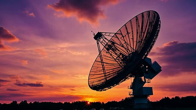 Sunset over a satellite dish silhouetted against a colorful sky with dramatic clouds