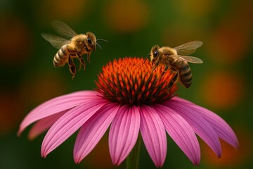 Bees Pollinating Pink Flower in Vibrant Nature Setting