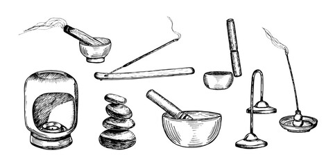 Meditation, relaxation, sound therapy elements drawing illustration set. Aroma lamp, incense stick, singing bowl, small cymbals, balance stones sketch engraving style vector. Hand drawn line clipart