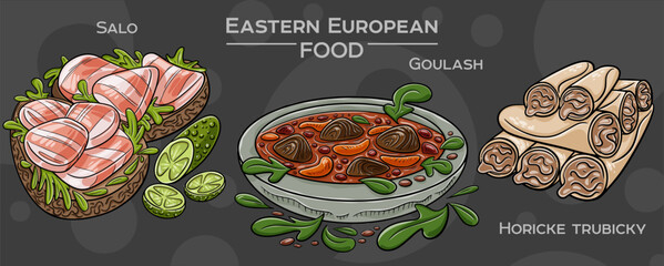 Eastern European Culinary Traditions: Collection of hand-drawn vector illustrations of popular foods, set against a dark backdrop