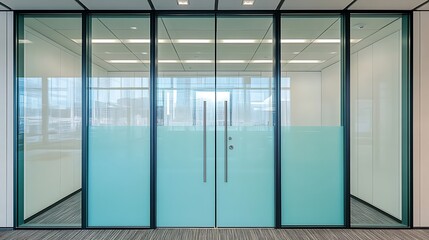 Modern glass office partition with teal tinted panels.