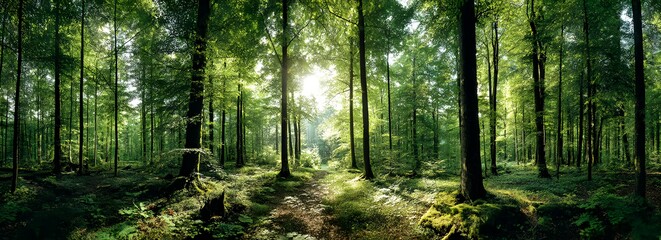 Obraz premium Sunlit Forest Path: Explore a vibrant, panoramic view of a lush forest, with sunlight filtering through the canopy and illuminating a tranquil path, inviting adventure and serenity.