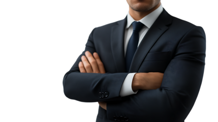 A businessman standing with arms crossed, isolated on a transparent background, exuding authority.