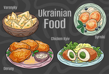 Popular Ukrainian Traditional Cuisine Set. Hand-drawn vector illustration on a dark background.