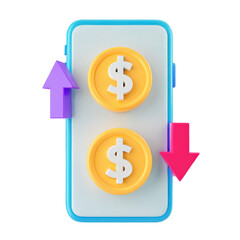 Obraz premium A mobile device featuring dollar sign buttons with upward and downward arrows, symbolizing financial transactions or market trends.