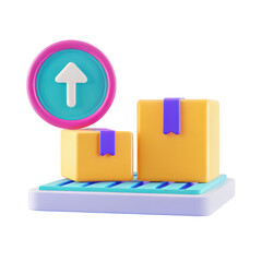 A colorful 3D representation of two boxes on a platform with an upward arrow symbol, suggesting delivery or inventory management.