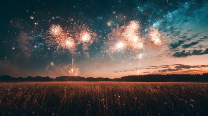 An open field with fireworks illuminating the night above