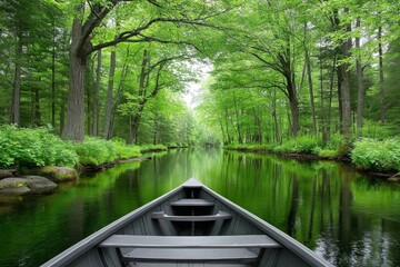 Obraz premium A canoe moving silently through a forest river in wilderness