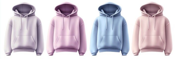 Four pastel-colored hoodies
