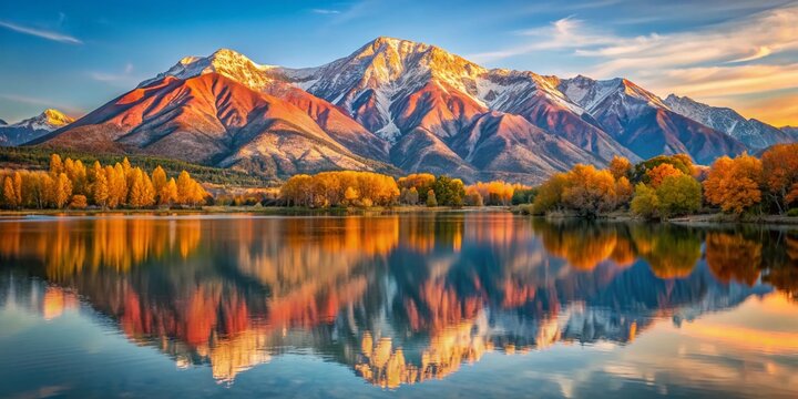 Majestic Mountain Reflection: A breathtaking panorama of snow-capped mountains bathed in the golden hues of sunrise, their majestic peaks mirrored perfectly in the tranquil waters of a serene lake.