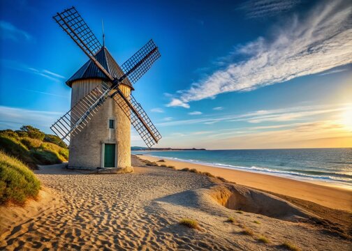 Seaside Mill: A historic windmill stands stoically on a sandy dune overlooking the ocean, its sails silhouetted against a vibrant sunset sky with scattered clouds.