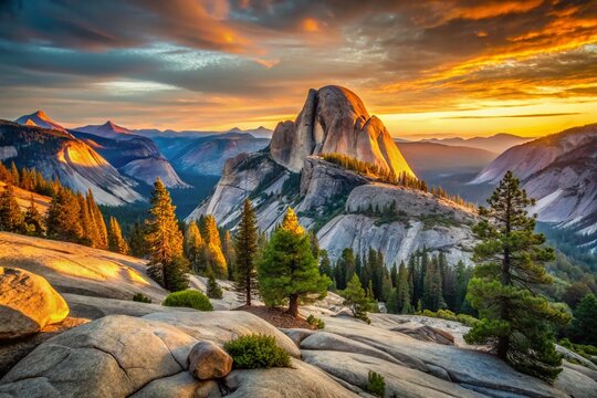 Majestic Yosemite Sunrise: The first rays of dawn illuminate Half Dome and the iconic granite cliffs of Yosemite National Park, casting a warm.