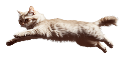A cat jumping playfully, isolated on a transparent background, showcasing its agility.