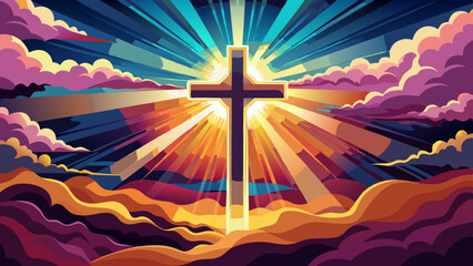 cross with radiating light in colorful cloudy sky