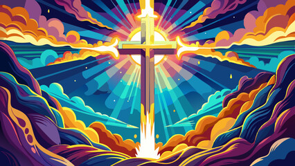 cross with radiating light in colorful cloudy sky