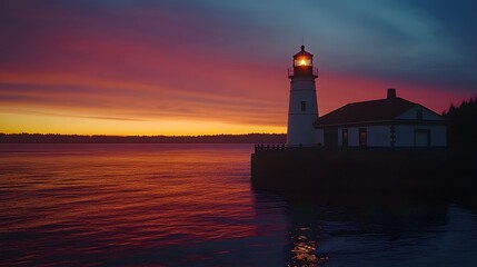 A lighthouse beaming light over calm waters during twilight symbolizing guidance