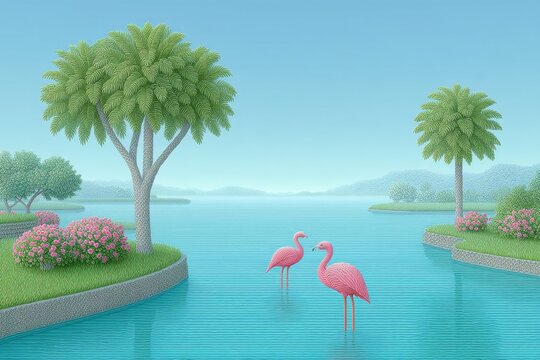 A pixel art tropical scene with animated flamingos wading in bright blue water under palm trees