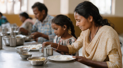 Family enjoying a meal at a community kitchen during a warm evening