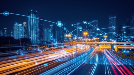 Fototapeta premium Nighttime cityscape with illuminated traffic and digital connectivity overlay in urban setting