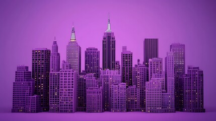 Purple cityscape of skyscrapers against a vivid background.