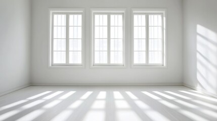 A white room with three windows and a white floor.