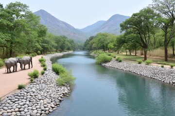Fototapeta premium A small river flowing through the sanctuary with elephants nearby
