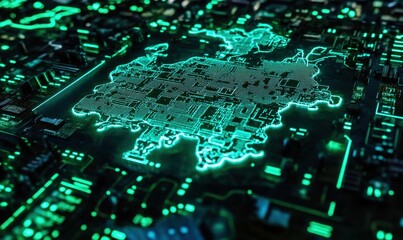 Futuristic city circuit board map, glowing green, technology background, digital illustration