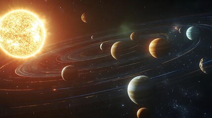 Colorful Solar System Illustration, A vibrant illustration of a solar system with a bright sun, multiple colorful planets