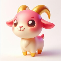 Naklejka premium A cheerful 3d anthropomorphic goat with a rounded body, short legs, and big ears, featuring bright, pink and gold colors with smooth depicting a friendly, smiling face 
