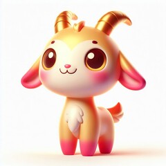 Naklejka premium A cheerful 3d anthropomorphic goat with a rounded body, short legs, and big ears, featuring bright, pink and gold colors with smooth depicting a friendly, smiling face 