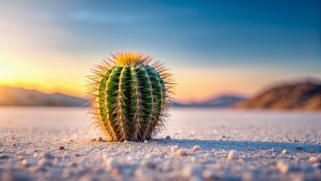 Desert Solitude: A solitary barrel cactus stands resilient against a vast, arid landscape, its vibrant green form a stark contrast to the pale sand and distant mountains, bathed in the soft.