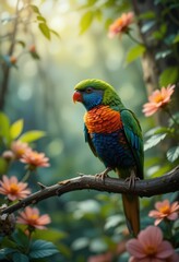 Vibrant Rainbow Lorikeet Perched Amidst Blooming Flowers