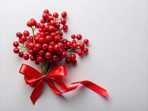 Vibrant Red Berries with Ribbon: A festive cluster of bright red berries, tied with a luxurious red satin ribbon, presented elegantly against a plain background.